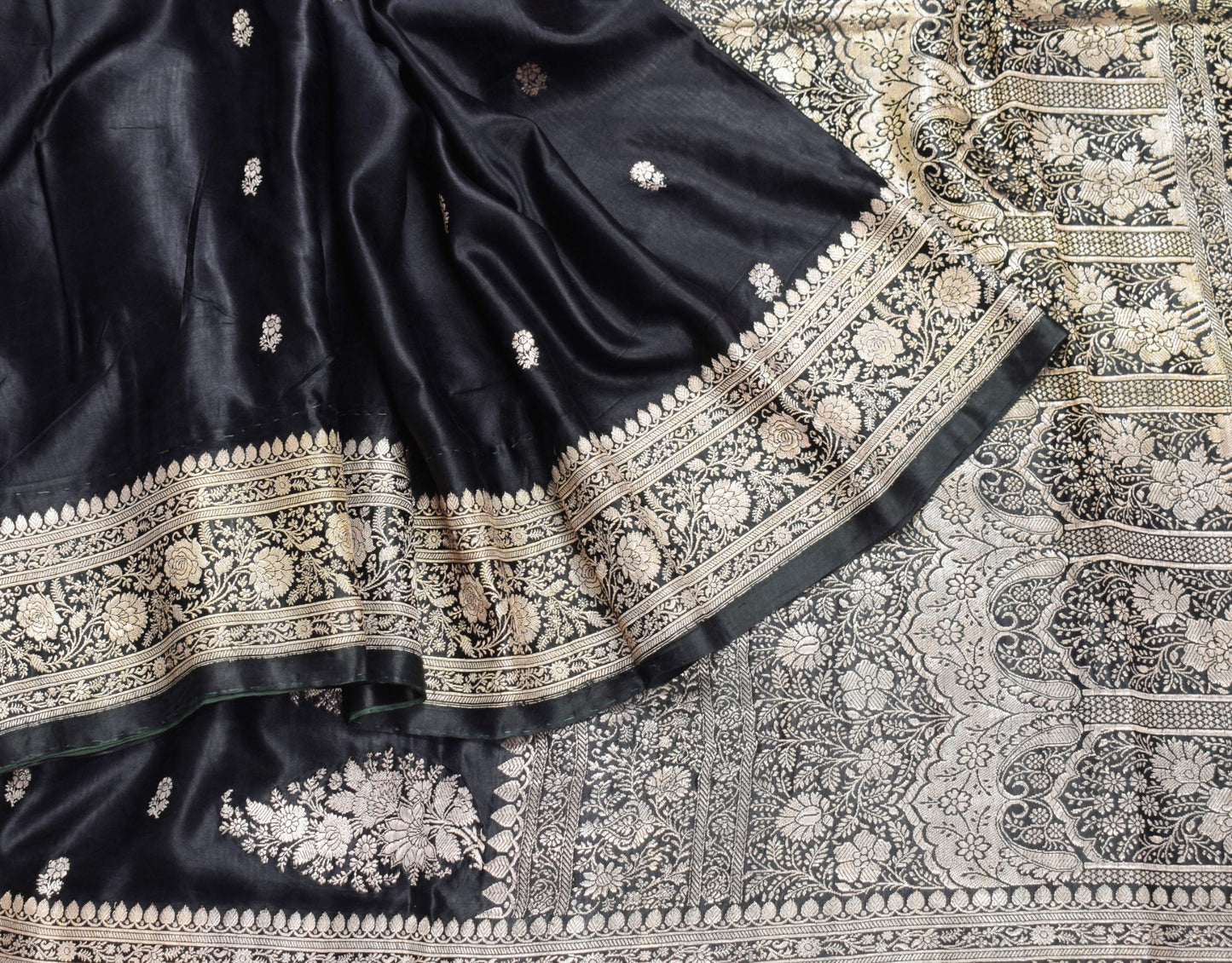 Sushila Vintage Heavy Saree Pure Satin Silk Black Banarasi Brocade Sari Fabric