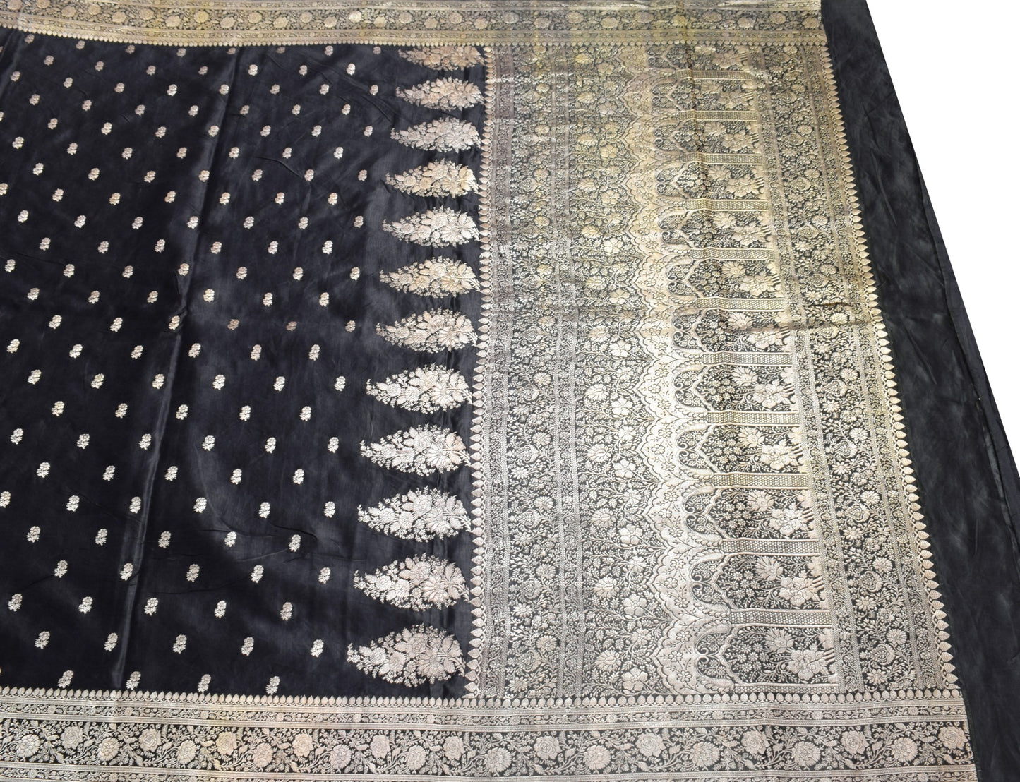 Sushila Vintage Heavy Saree Pure Satin Silk Black Banarasi Brocade Sari Fabric
