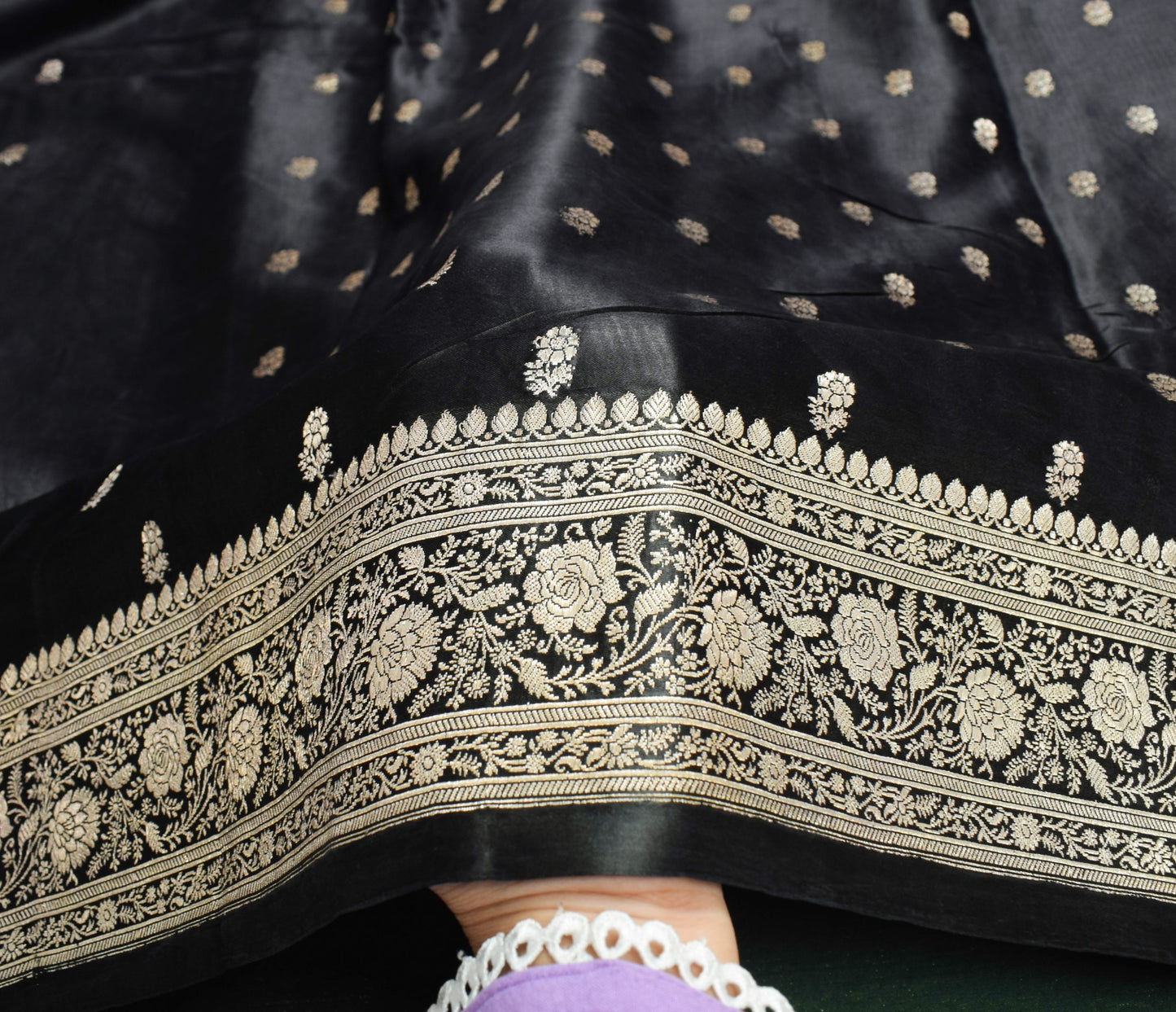 Sushila Vintage Heavy Saree Pure Satin Silk Black Banarasi Brocade Sari Fabric