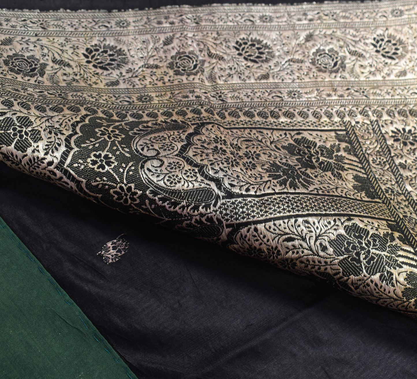 Sushila Vintage Heavy Saree Pure Satin Silk Black Banarasi Brocade Sari Fabric