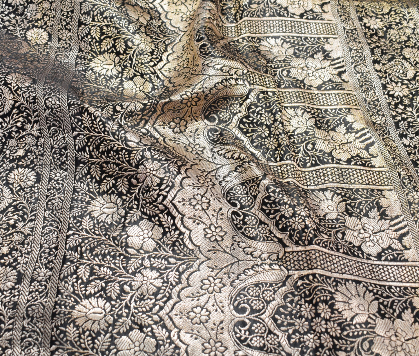 Sushila Vintage Heavy Saree Pure Satin Silk Black Banarasi Brocade Sari Fabric
