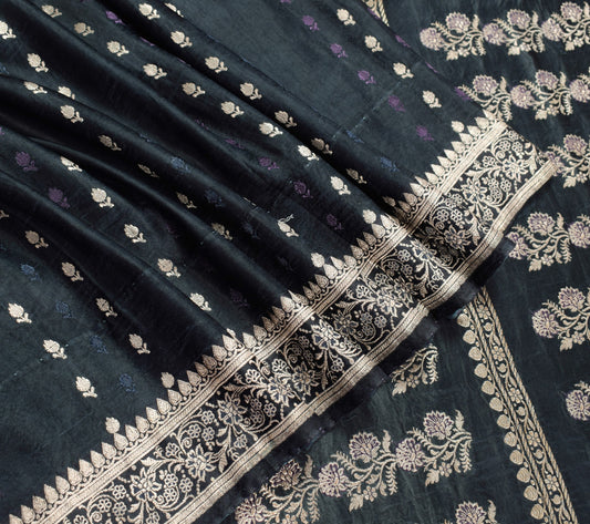Sushila Vintage Heavy Saree Pure Satin Silk Banarasi Brocade Premium Black Sari
