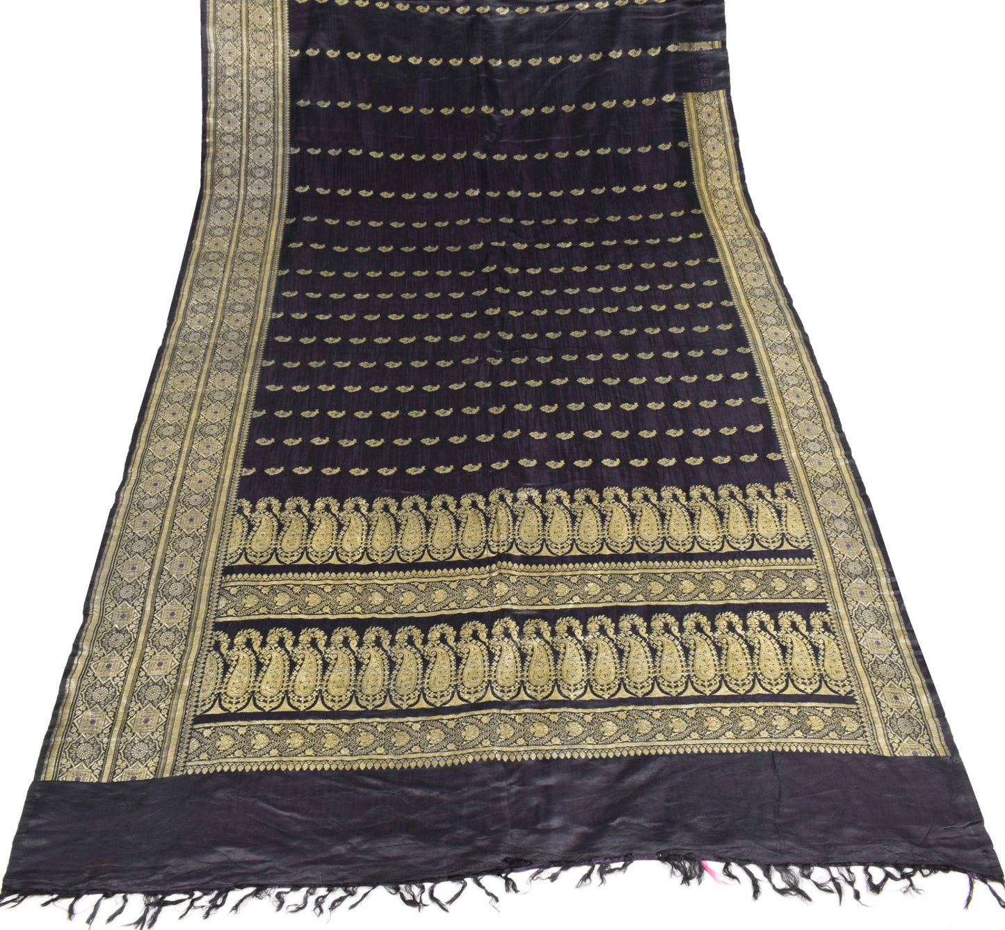 Sushila Vintage Premium Heavy Banarasi Saree Black Pure Satin Silk Brocade Sari