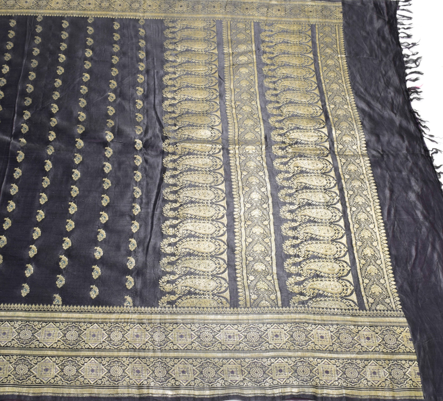 Sushila Vintage Premium Heavy Banarasi Saree Black Pure Satin Silk Brocade Sari