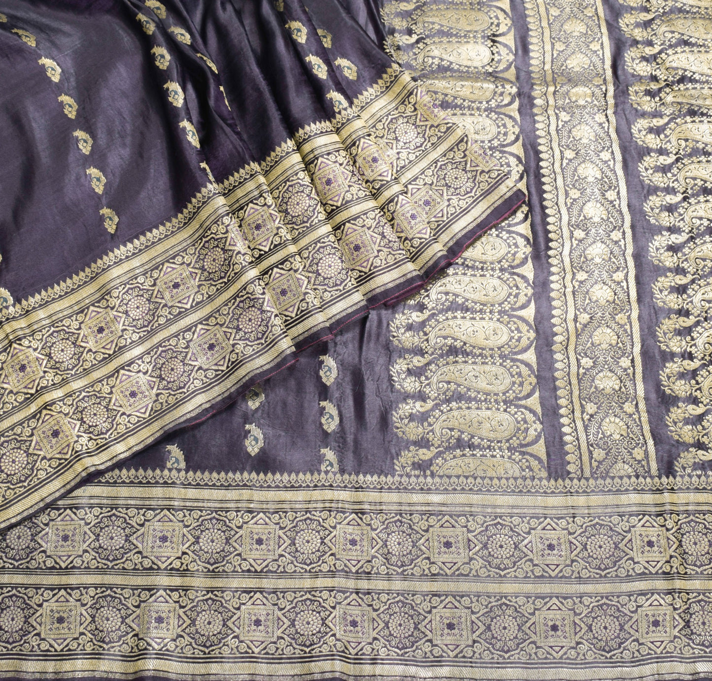 Sushila Vintage Premium Heavy Banarasi Saree Black Pure Satin Silk Brocade Sari