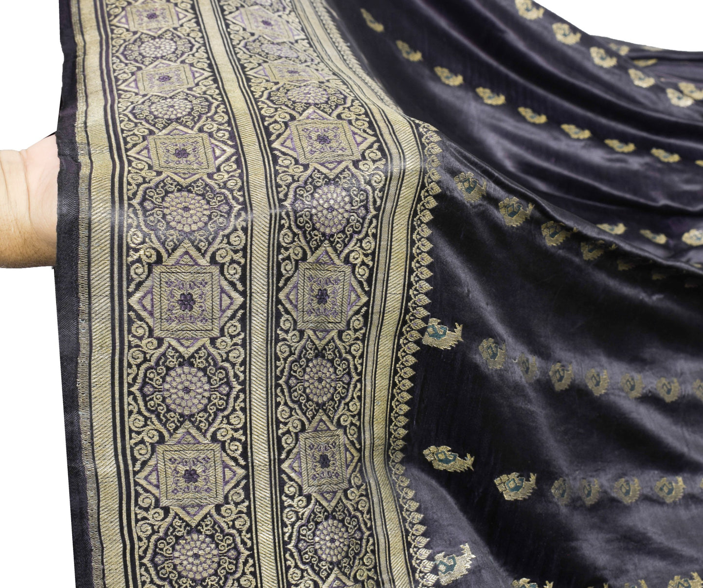 Sushila Vintage Premium Heavy Banarasi Saree Black Pure Satin Silk Brocade Sari