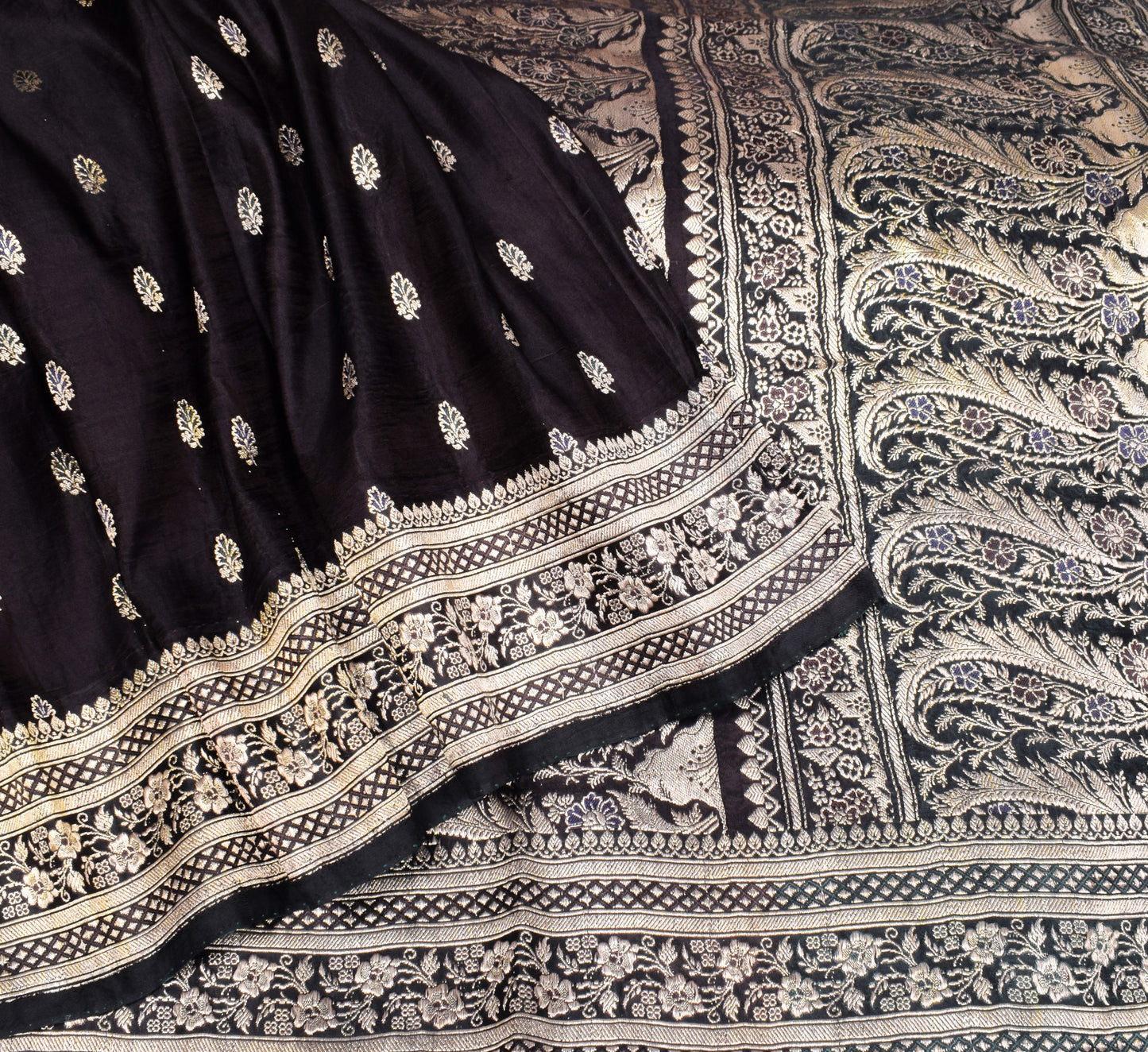 Sushila Vintage Premium Heavy Banarasi Saree Pure Satin Silk Brocade Black Sari