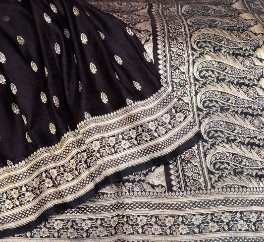 Sushila Vintage Premium Heavy Banarasi Saree Pure Satin Silk Brocade Black Sari