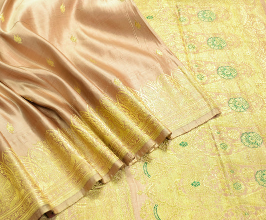 Sushila Vintage Heavy Saree Pure Satin Silk Banarasi Brocade Woven Beige Sari