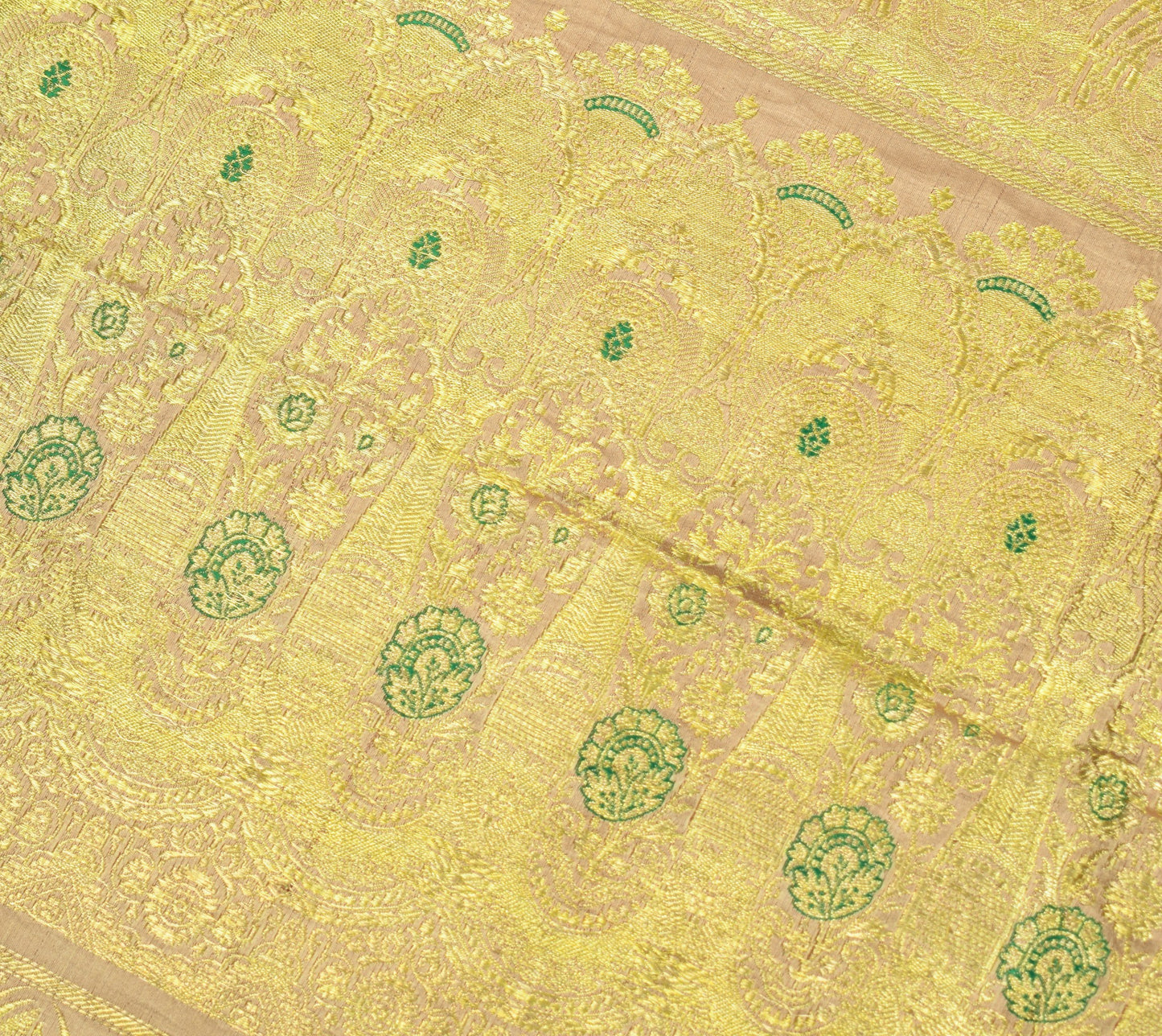 Sushila Vintage Heavy Saree Pure Satin Silk Banarasi Brocade Woven Beige Sari