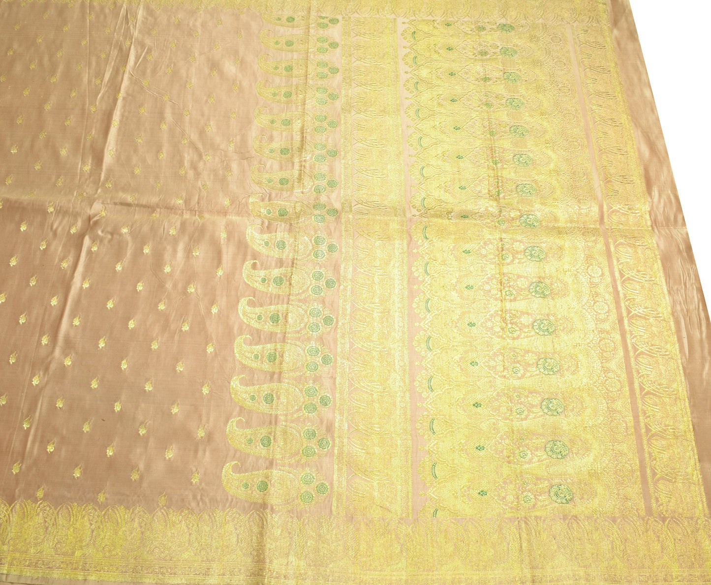 Sushila Vintage Heavy Saree Pure Satin Silk Banarasi Brocade Woven Beige Sari