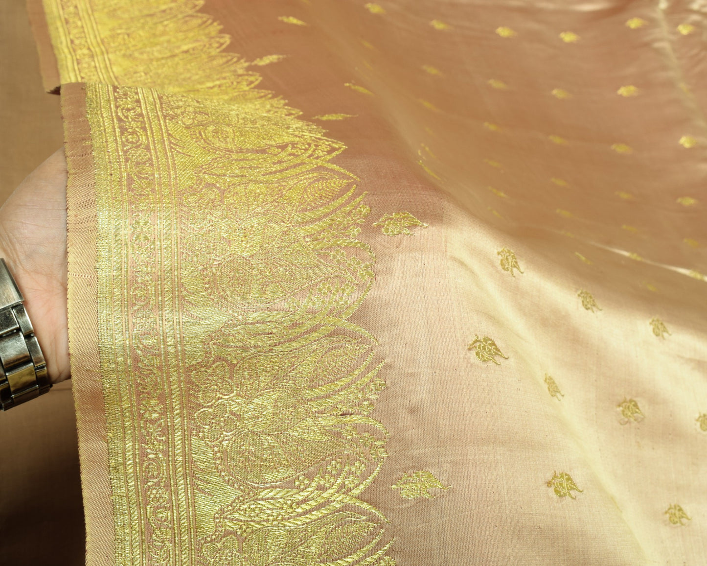 Sushila Vintage Heavy Saree Pure Satin Silk Banarasi Brocade Woven Beige Sari