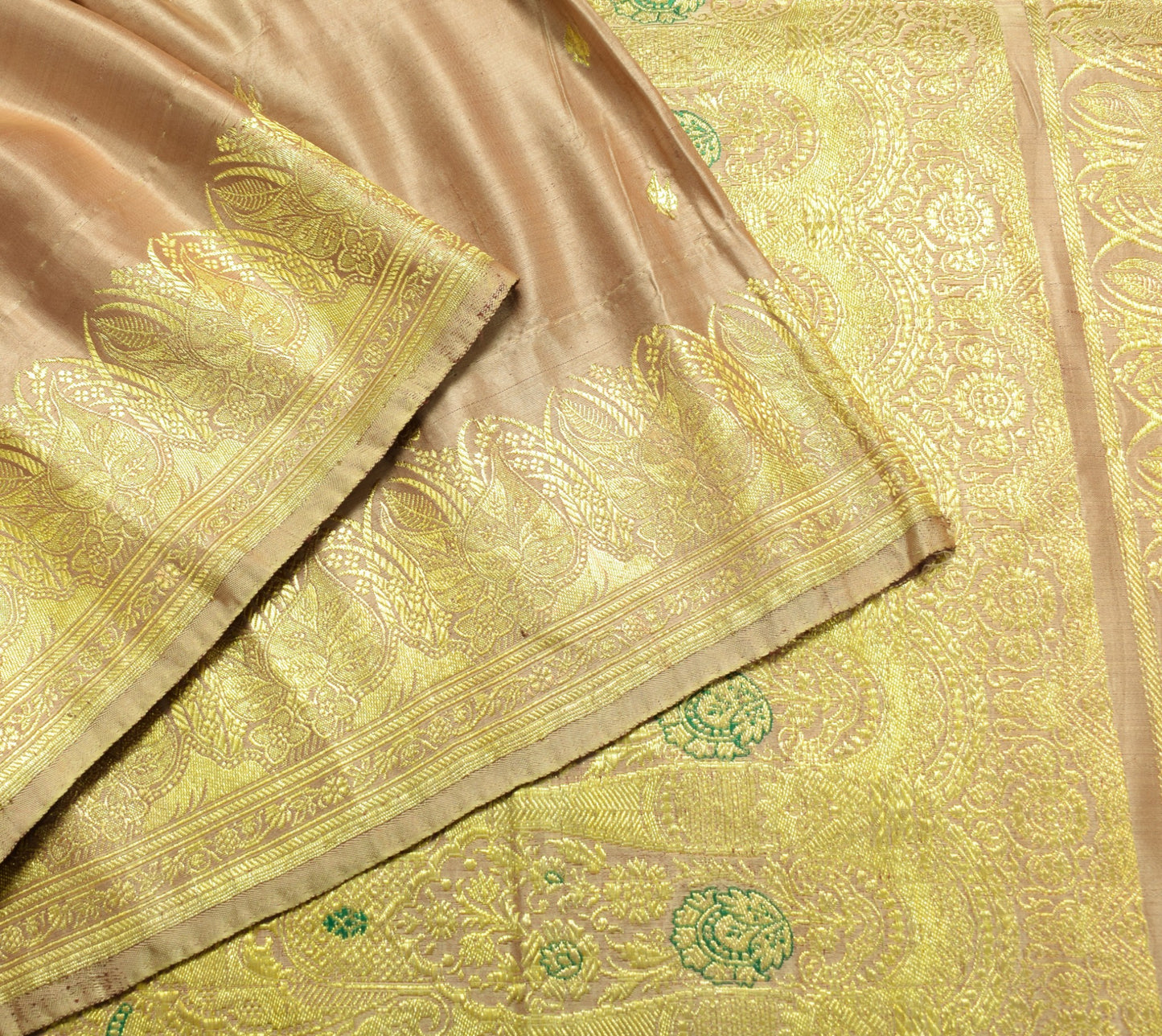 Sushila Vintage Heavy Saree Pure Satin Silk Banarasi Brocade Woven Beige Sari