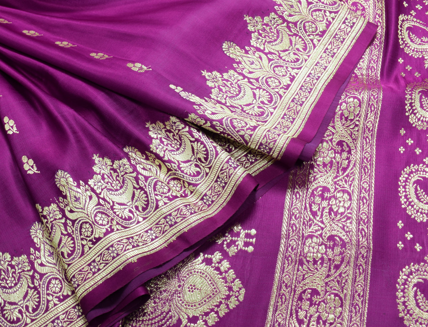 Sushila Vintage Heavy Brocade Saree Pure Satin Silk Dark Magenta Banarasi Sari