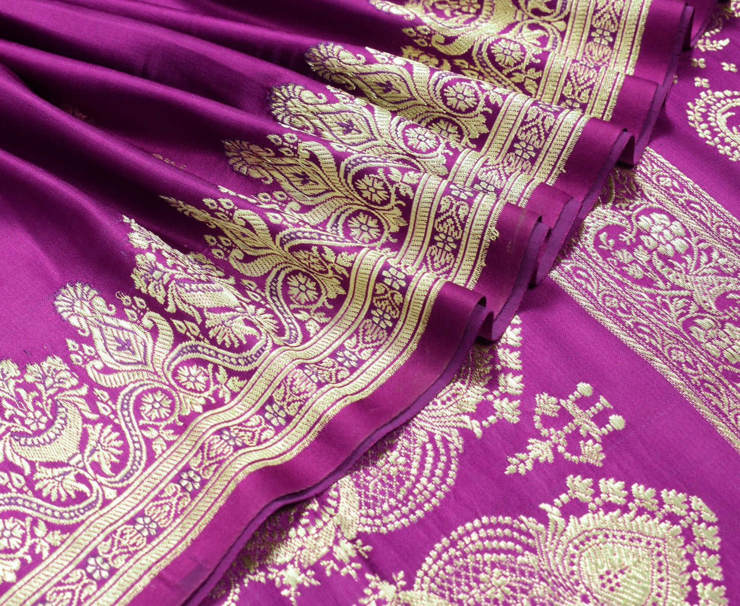 Sushila Vintage Heavy Brocade Saree Pure Satin Silk Dark Magenta Banarasi Sari