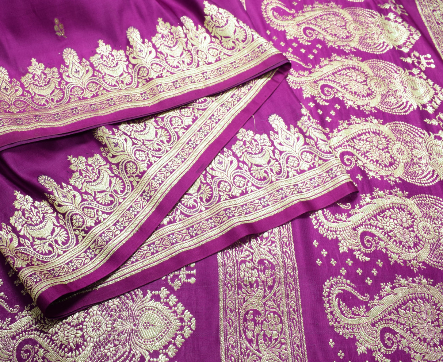 Sushila Vintage Heavy Brocade Saree Pure Satin Silk Dark Magenta Banarasi Sari