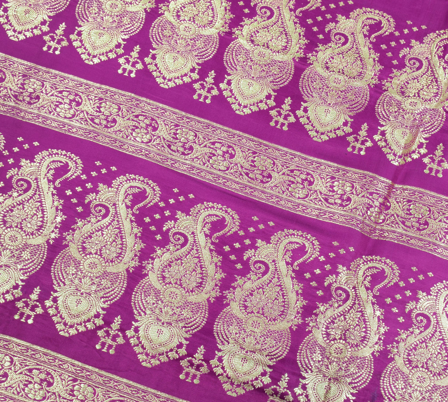 Sushila Vintage Heavy Brocade Saree Pure Satin Silk Dark Magenta Banarasi Sari