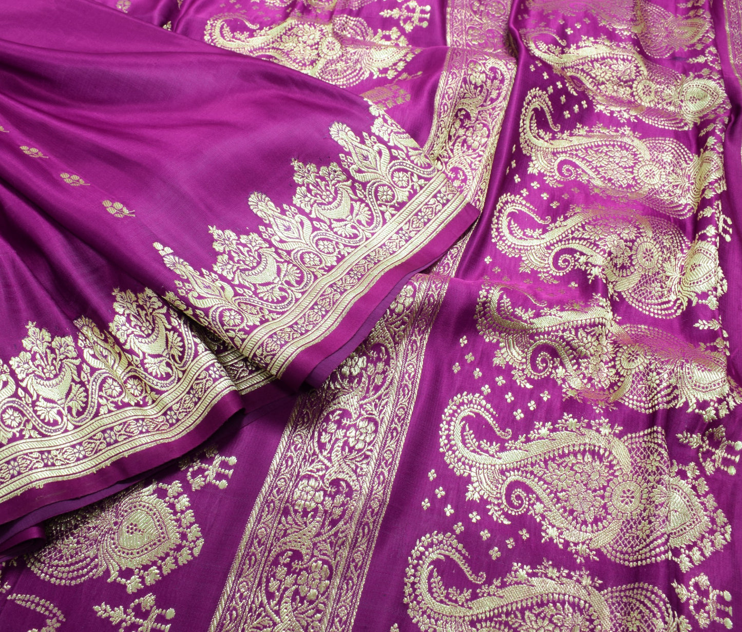 Sushila Vintage Heavy Brocade Saree Pure Satin Silk Dark Magenta Banarasi Sari