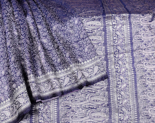 Sushila Vintage Heavy Saree Pure Satin Silk Blue Banarasi Woven Soft Sari Fabric