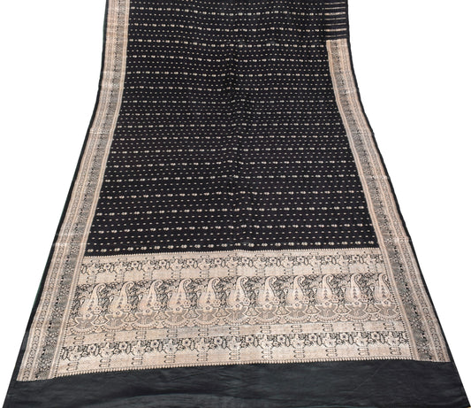Sushila Vintage Heavy Black Saree Pure Satin Silk Banarasi Brocade Sari Fabric