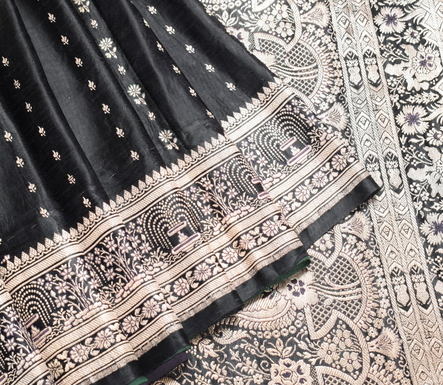 Sushila Vintage Heavy Black Saree Pure Satin Silk Banarasi Brocade Sari Fabric