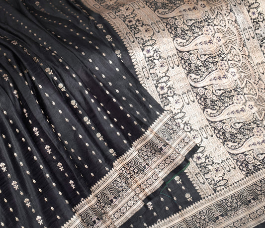 Sushila Vintage Heavy Black Saree Pure Satin Silk Banarasi Brocade Sari Fabric