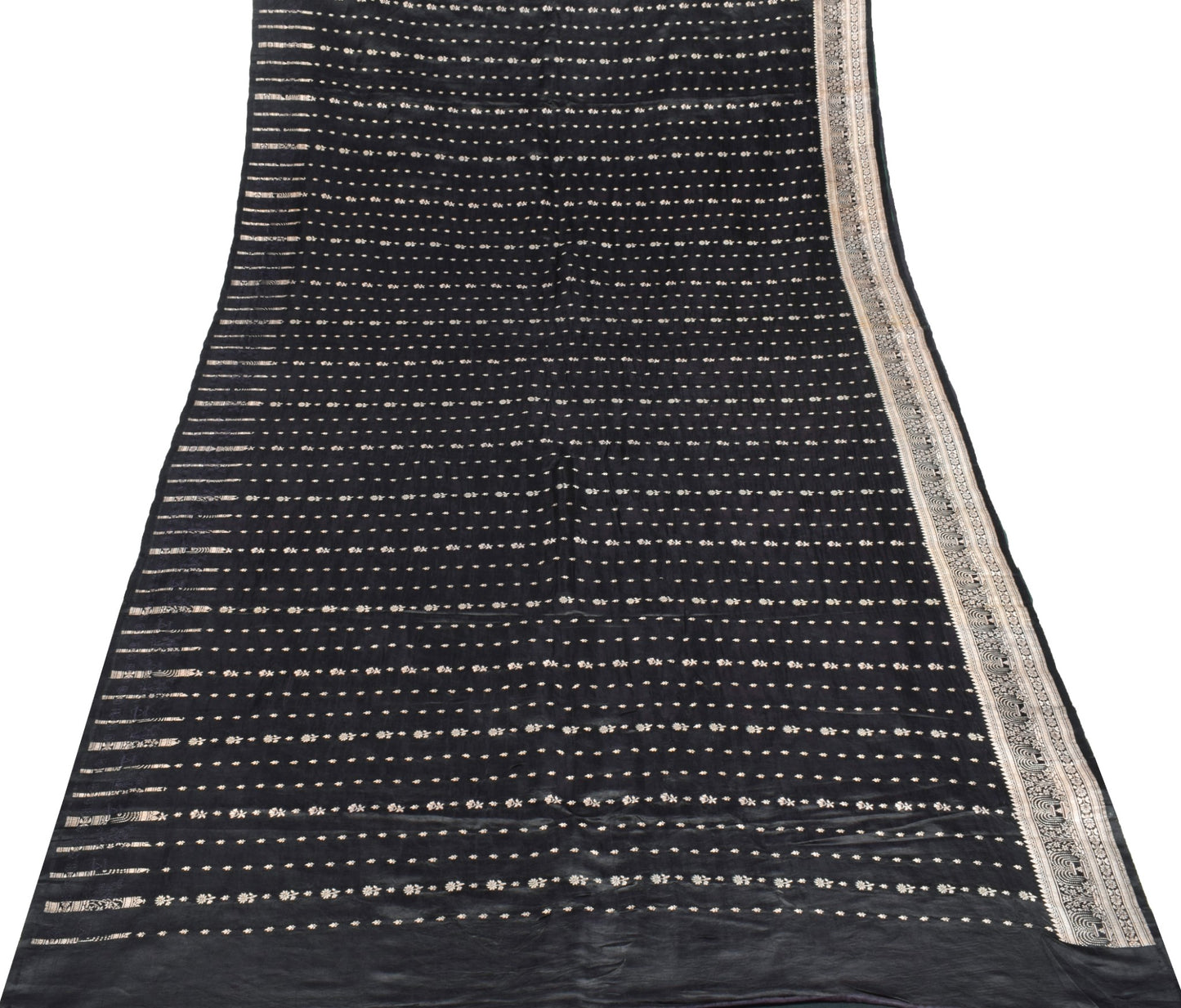 Sushila Vintage Heavy Black Saree Pure Satin Silk Banarasi Brocade Sari Fabric