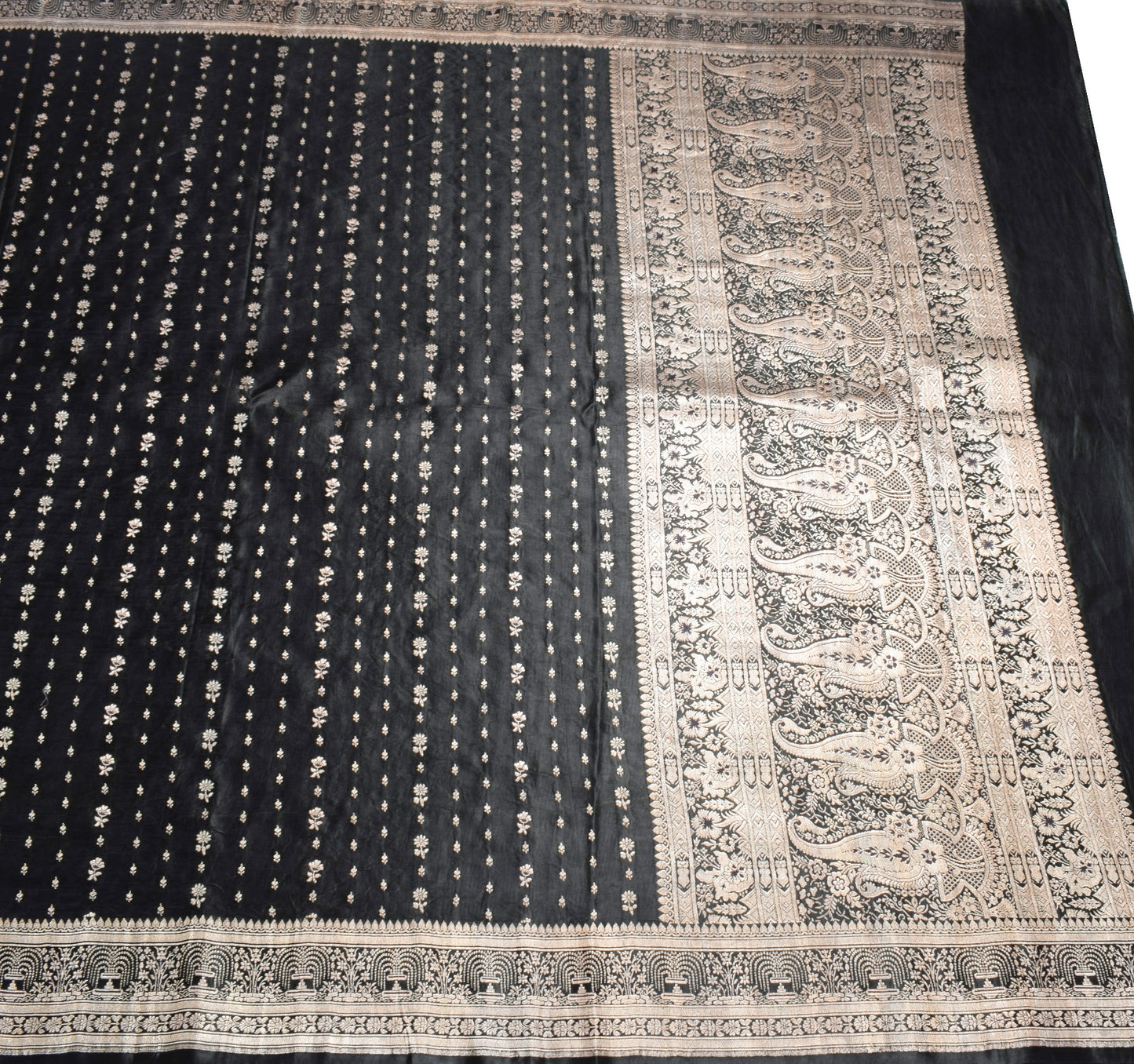 Sushila Vintage Heavy Black Saree Pure Satin Silk Banarasi Brocade Sari Fabric