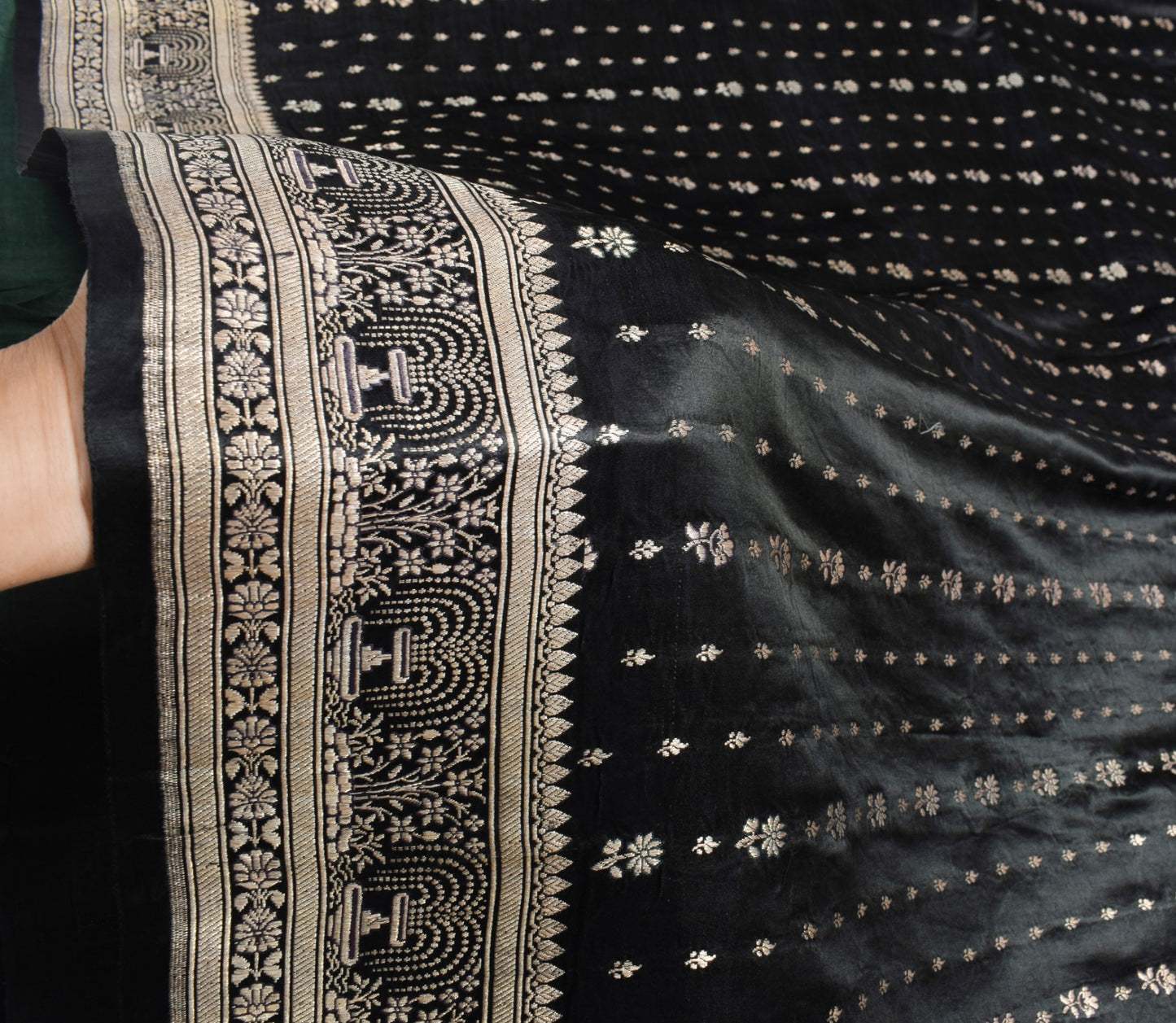 Sushila Vintage Heavy Black Saree Pure Satin Silk Banarasi Brocade Sari Fabric