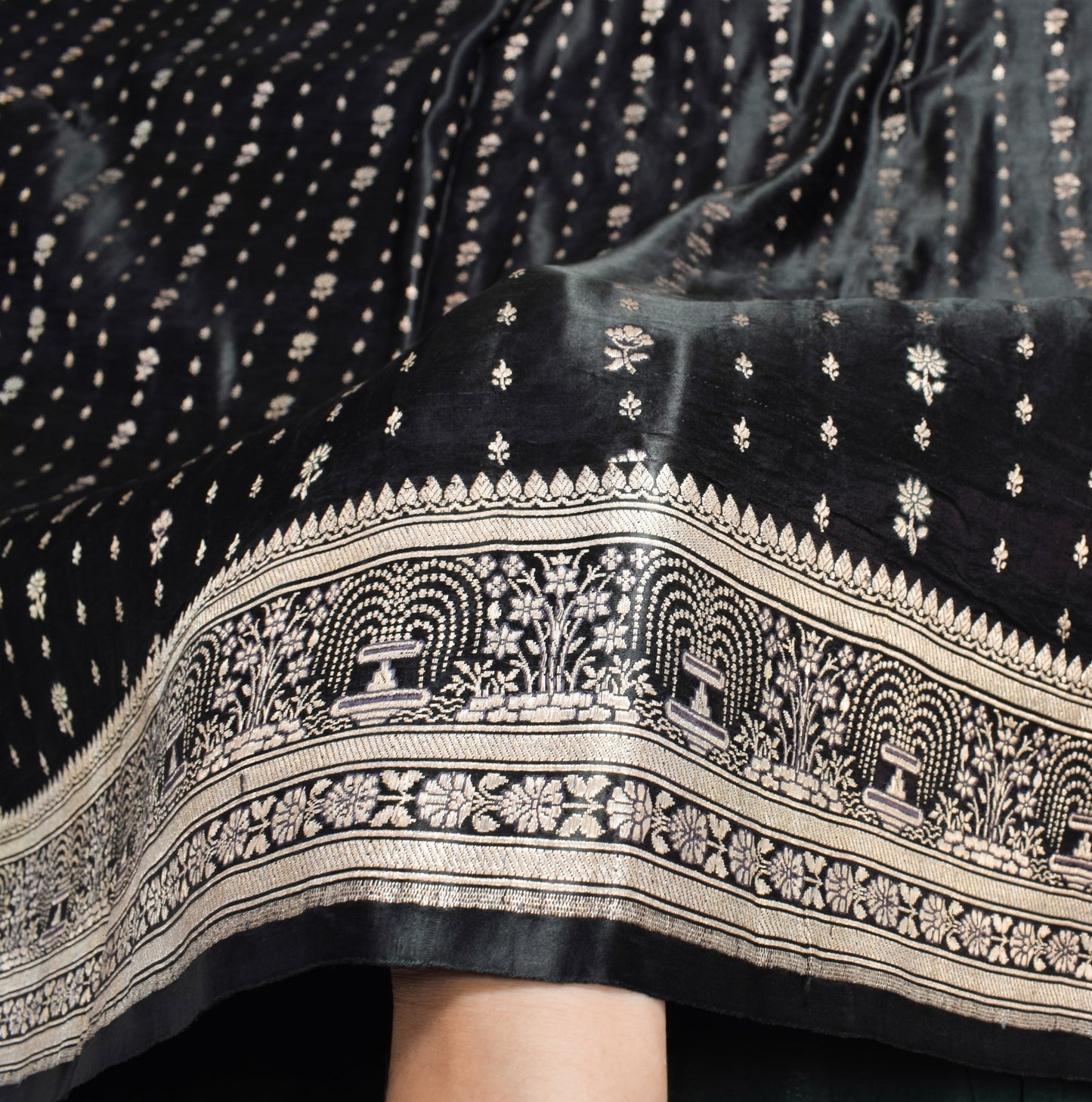 Sushila Vintage Heavy Black Saree Pure Satin Silk Banarasi Brocade Sari Fabric