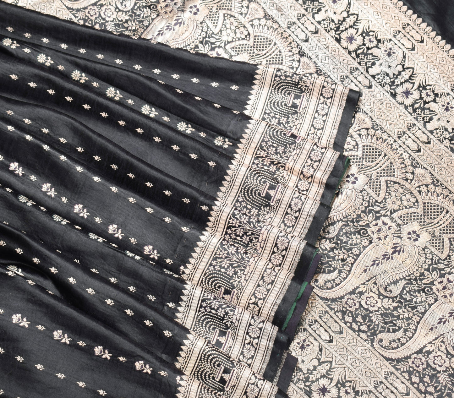 Sushila Vintage Heavy Black Saree Pure Satin Silk Banarasi Brocade Sari Fabric