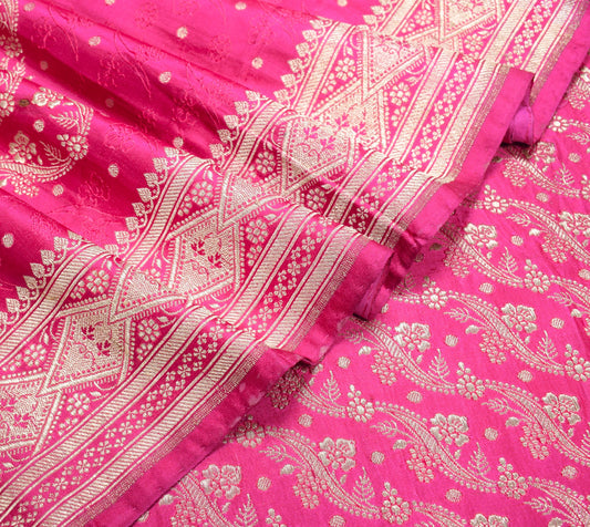 Sushila Vintage Magenta Heavy Saree Pure Satin Silk Brocade Banarasi Sari Fabric