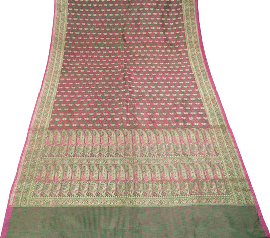 Sushila Vintage Heavy Green Saree Pure Satin Silk Banarasi Brocade Sari Fabric