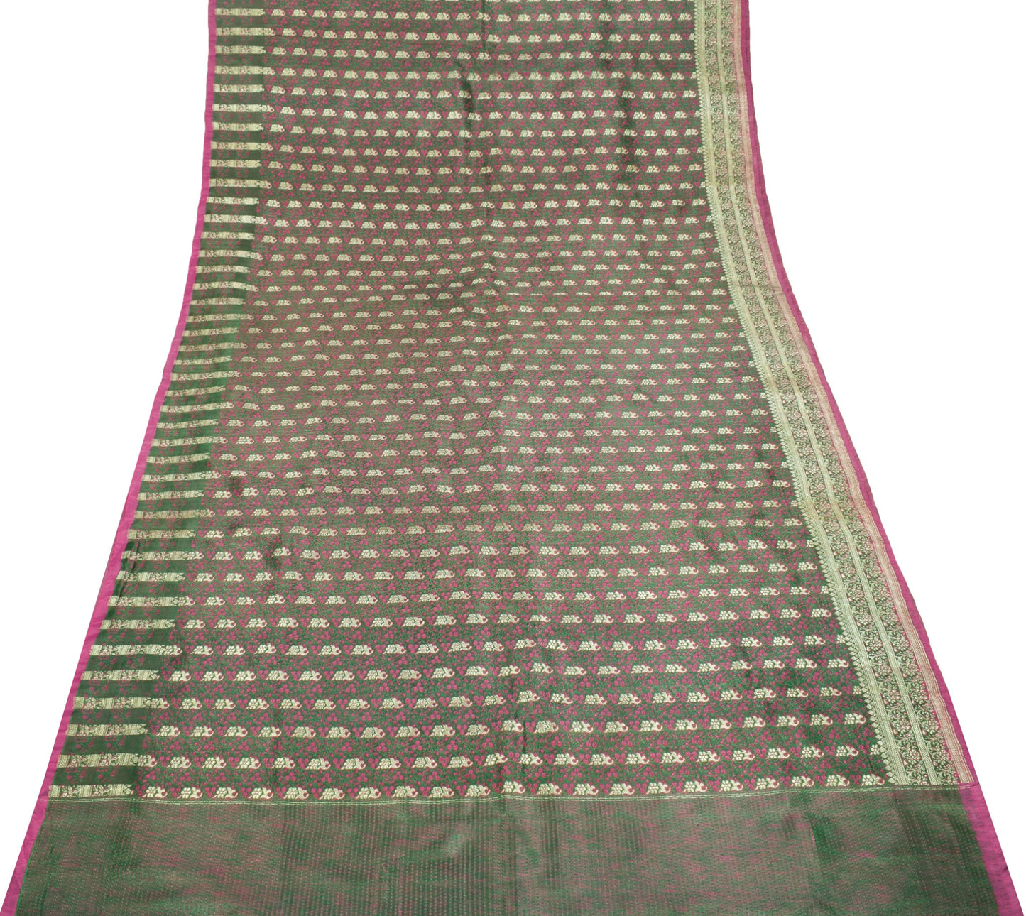 Sushila Vintage Heavy Green Saree Pure Satin Silk Banarasi Brocade Sari Fabric