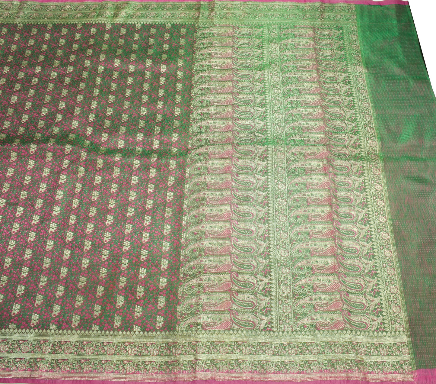 Sushila Vintage Heavy Green Saree Pure Satin Silk Banarasi Brocade Sari Fabric