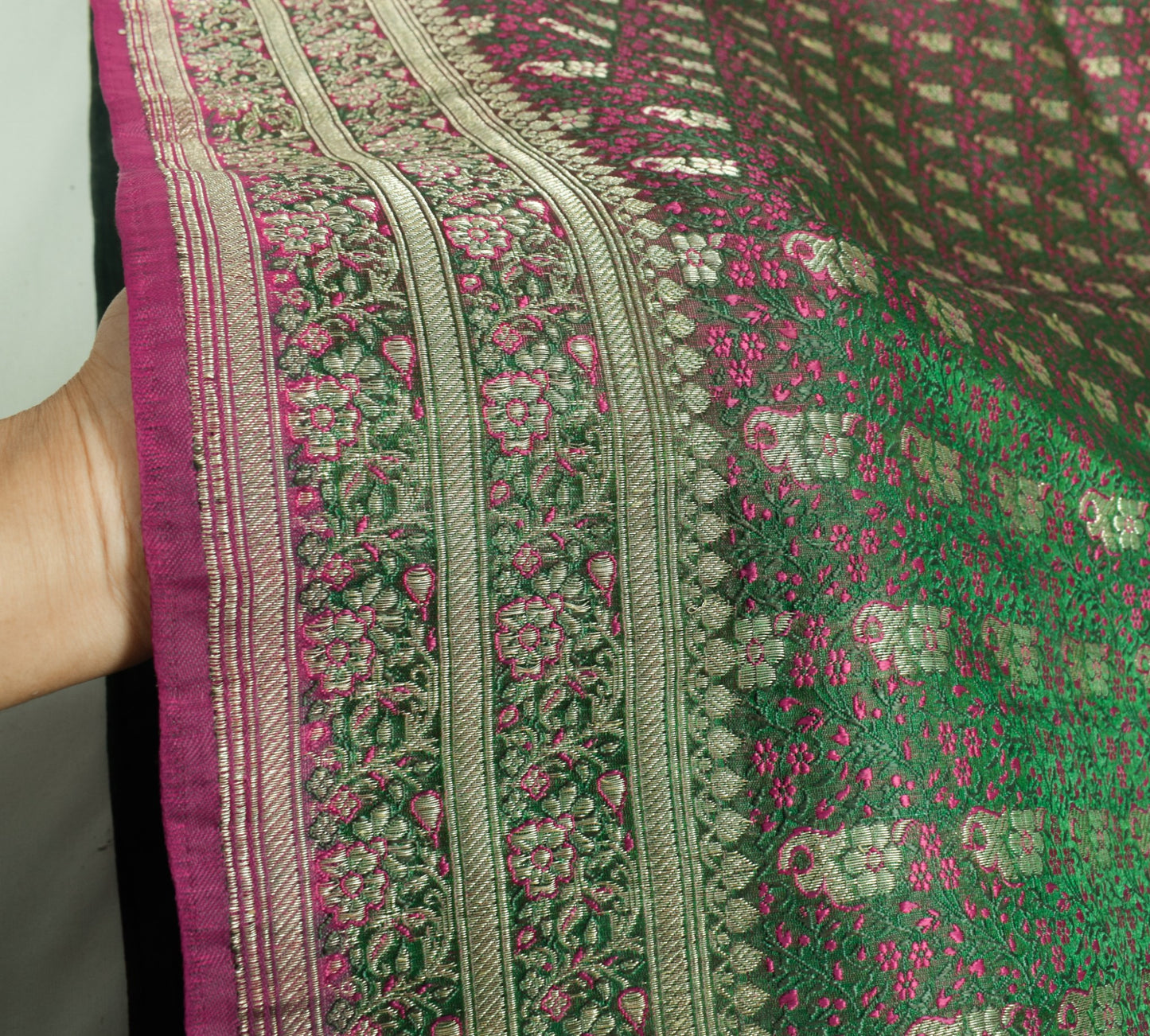 Sushila Vintage Heavy Green Saree Pure Satin Silk Banarasi Brocade Sari Fabric