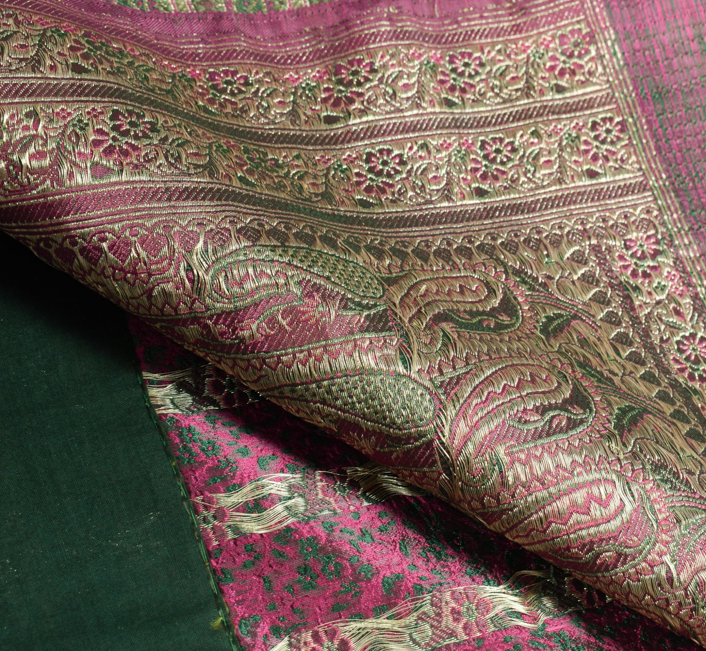 Sushila Vintage Heavy Green Saree Pure Satin Silk Banarasi Brocade Sari Fabric