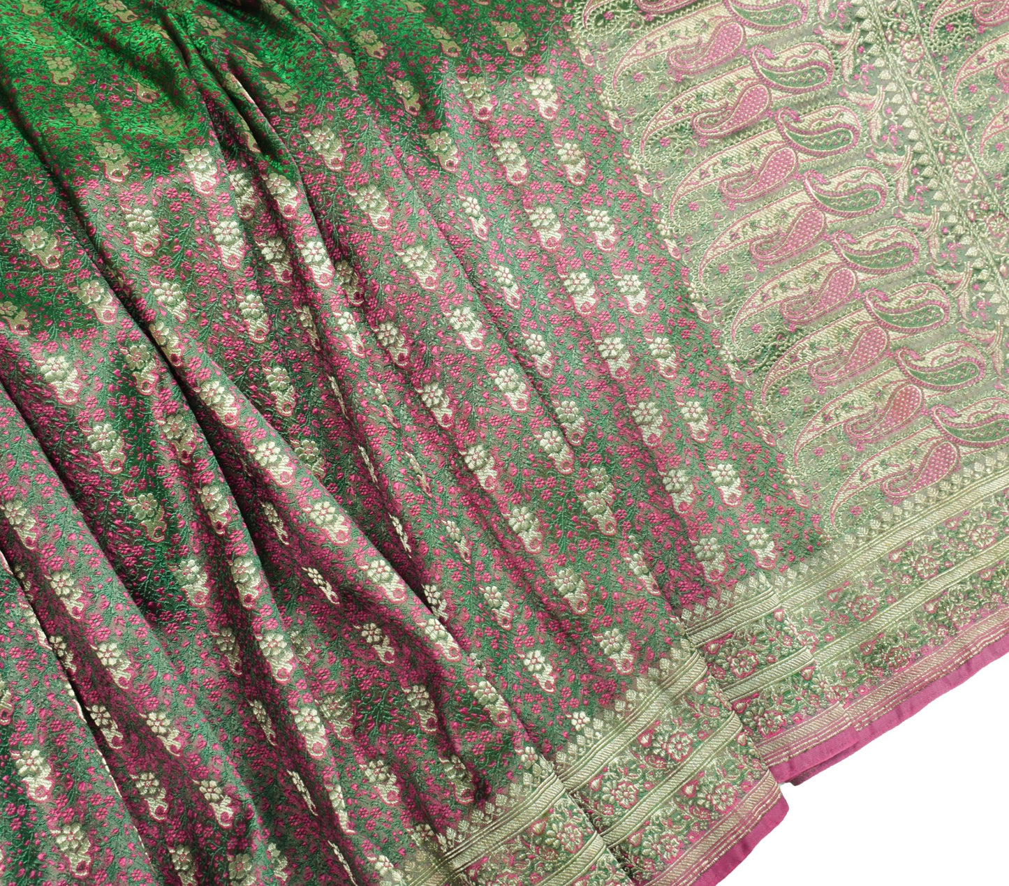 Sushila Vintage Heavy Green Saree Pure Satin Silk Banarasi Brocade Sari Fabric