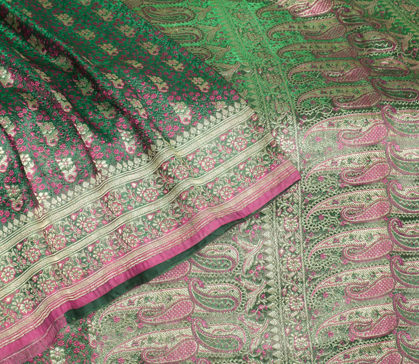 Sushila Vintage Heavy Green Saree Pure Satin Silk Banarasi Brocade Sari Fabric