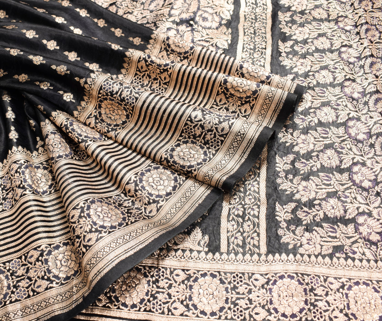 Sushila Vintage Black Saree Pure Satin Silk Banarasi Handloom Zari Brocade Sari