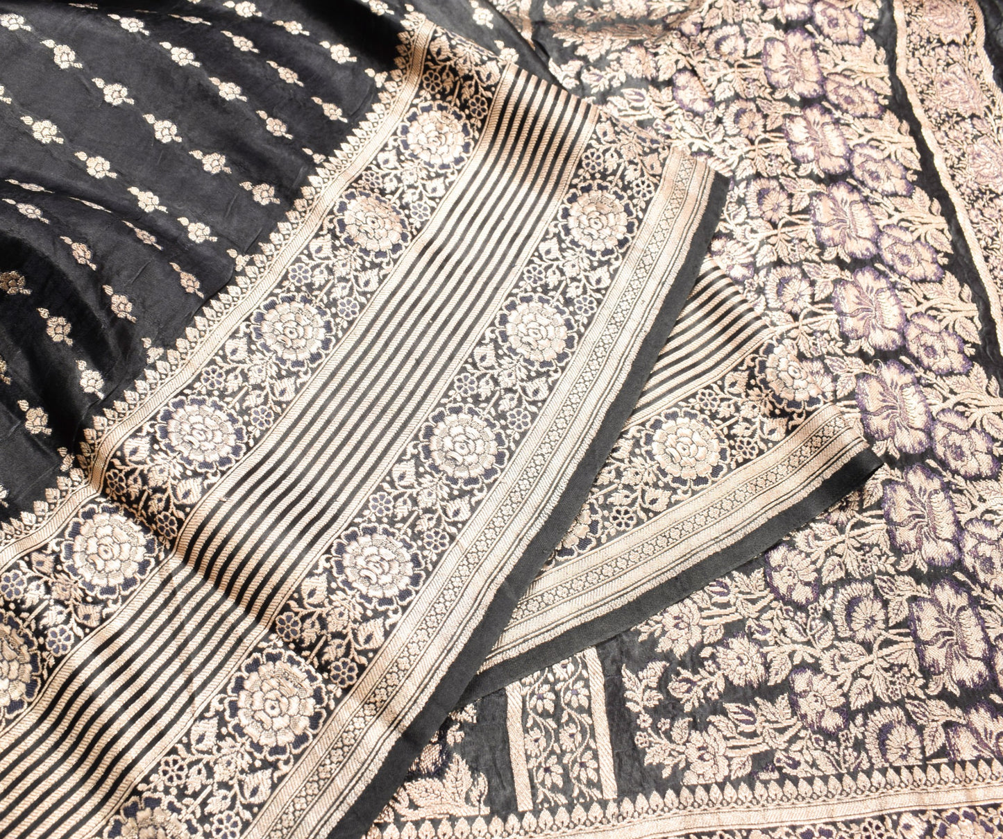 Sushila Vintage Black Saree Pure Satin Silk Banarasi Handloom Zari Brocade Sari