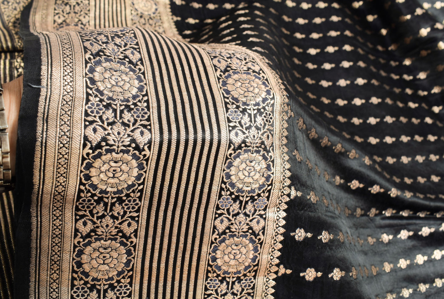 Sushila Vintage Black Saree Pure Satin Silk Banarasi Handloom Zari Brocade Sari