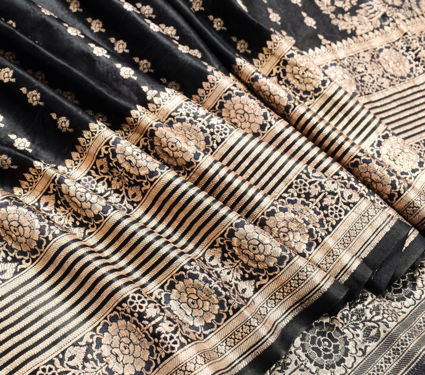 Sushila Vintage Black Saree Pure Satin Silk Banarasi Handloom Zari Brocade Sari