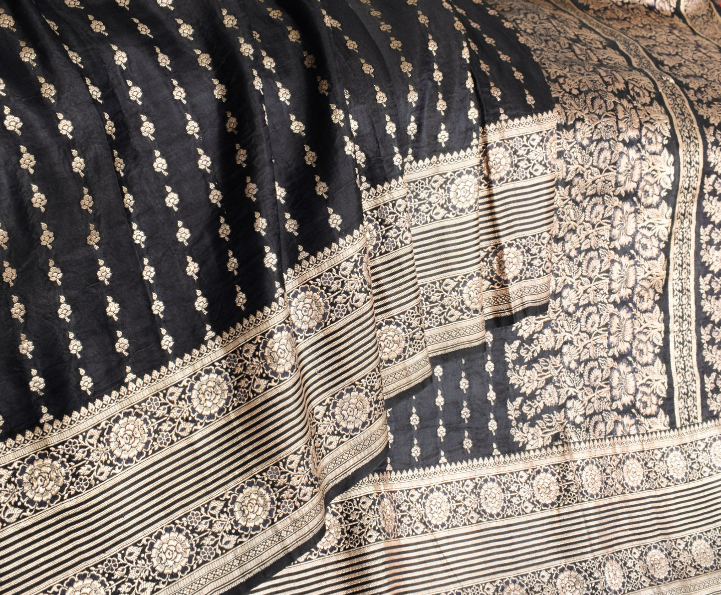 Sushila Vintage Black Saree Pure Satin Silk Banarasi Handloom Zari Brocade Sari