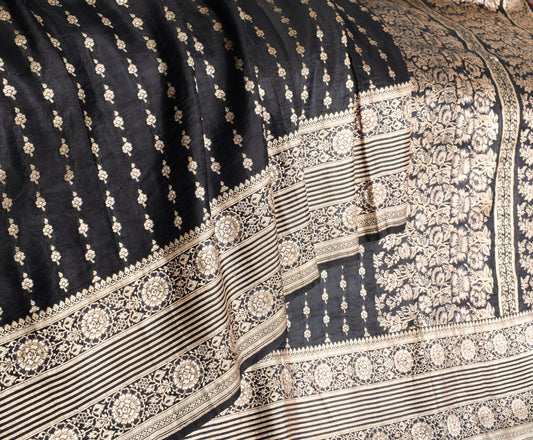 Sushila Vintage Black Saree Pure Satin Silk Banarasi Handloom Zari Brocade Sari