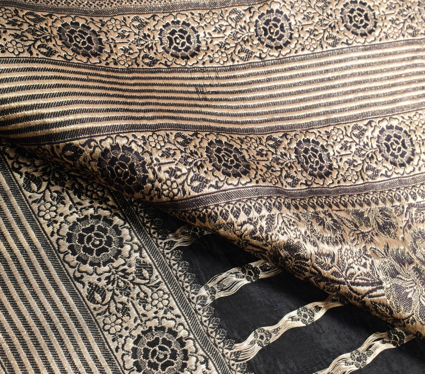Sushila Vintage Black Saree Pure Satin Silk Banarasi Handloom Zari Brocade Sari