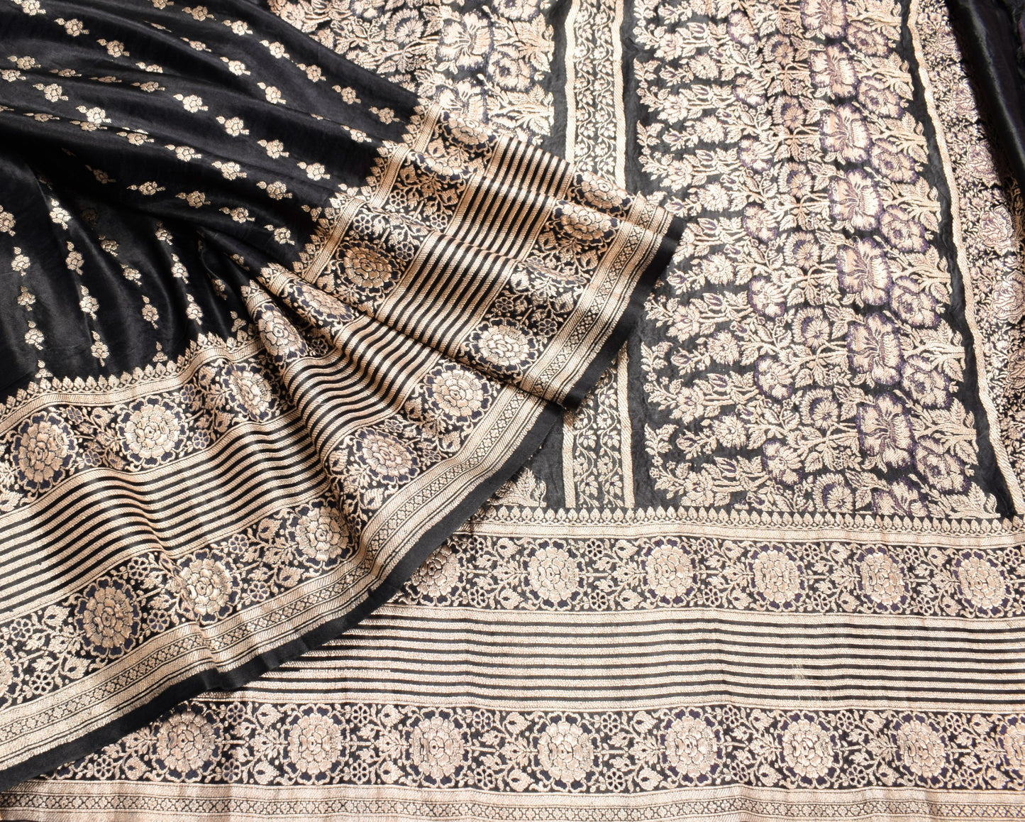 Sushila Vintage Black Saree Pure Satin Silk Banarasi Handloom Zari Brocade Sari