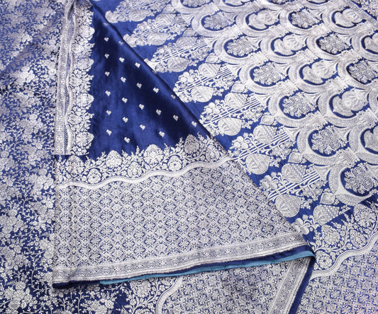 Sushila Vintage Heavy Banarasi Saree Pure SatinSilk Silver Zari Woven Blue Sari