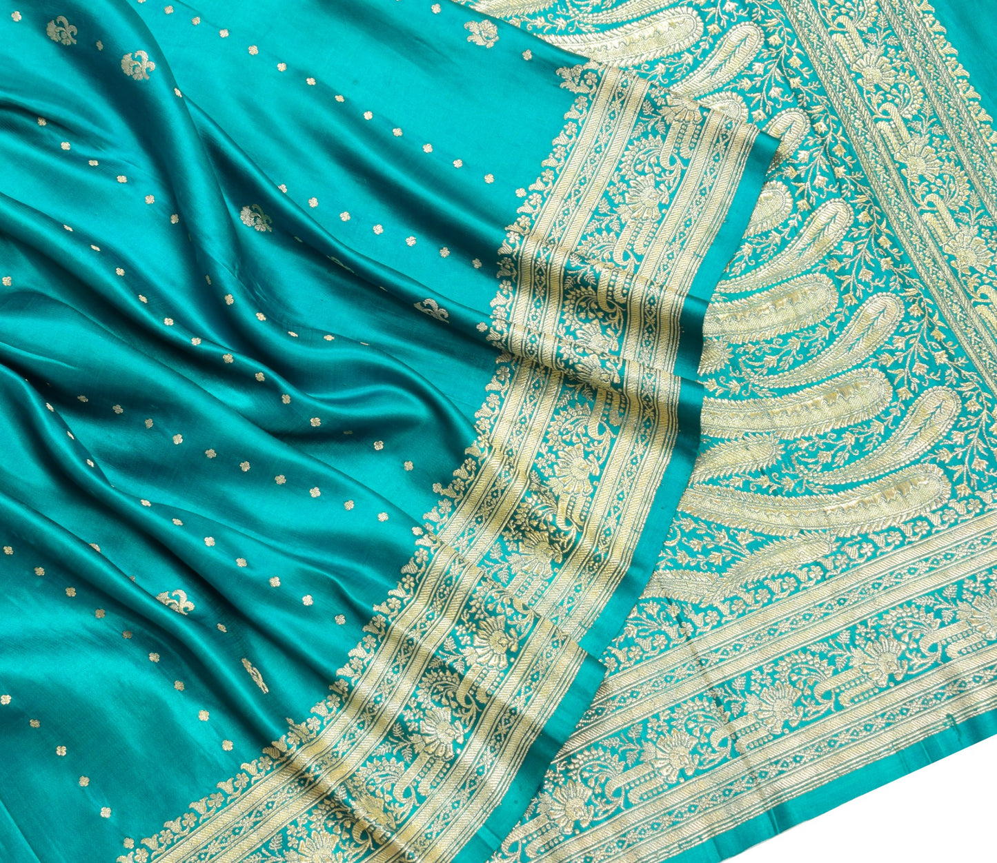 Sushila Vintage Heavy Saree Pure Satin Silk Banarasi Teal Blue Woven Sari Fabric