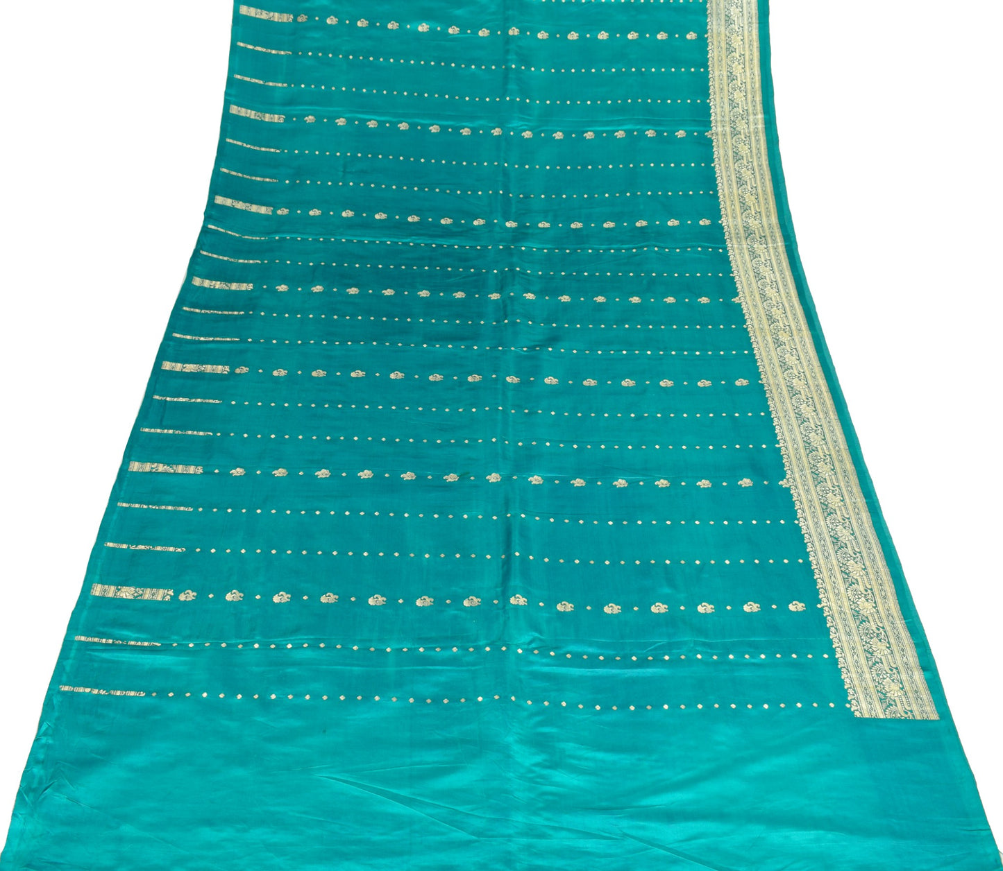 Sushila Vintage Heavy Saree Pure Satin Silk Banarasi Teal Blue Woven Sari Fabric